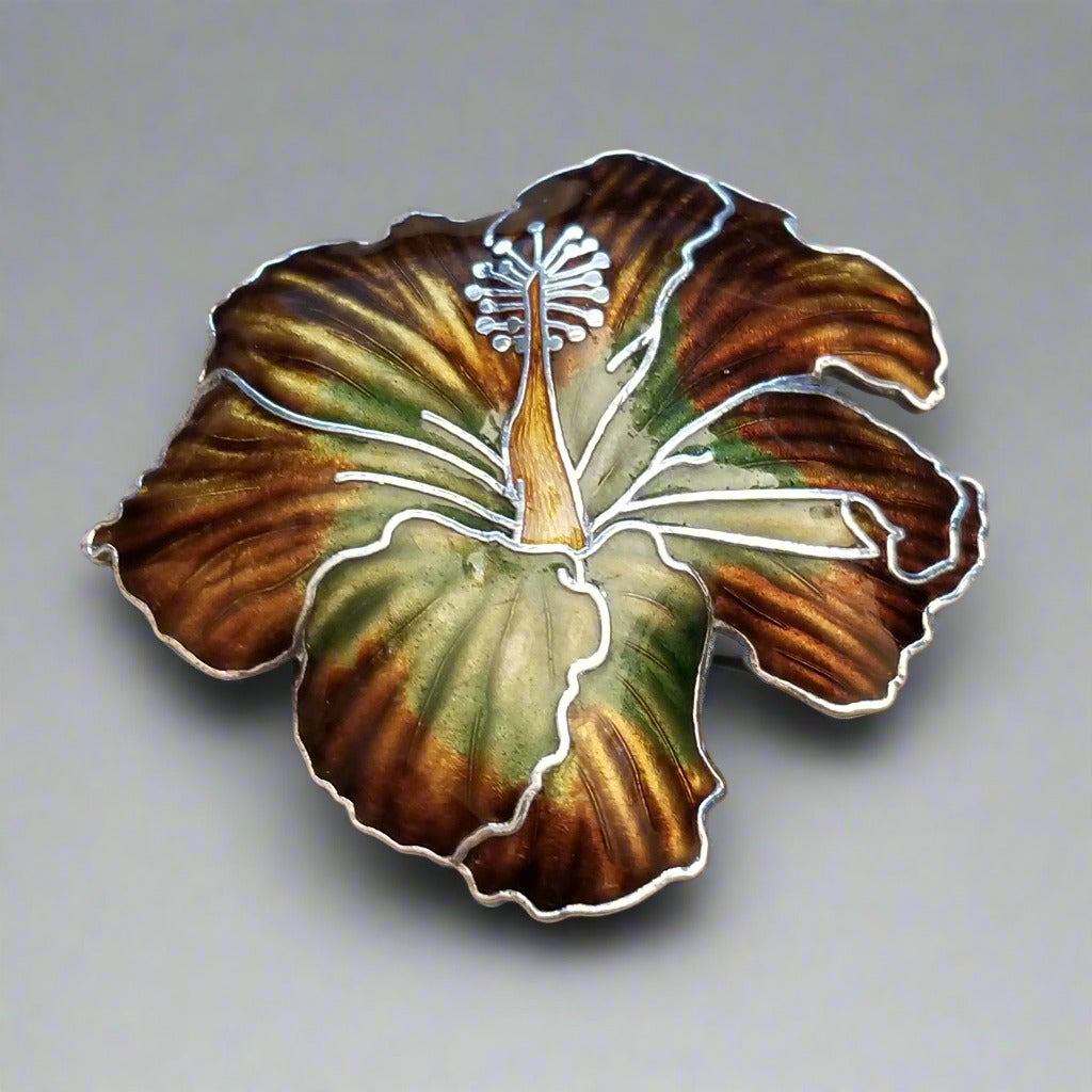 Silver Tone Enamel Hibiscus Flower Brooch