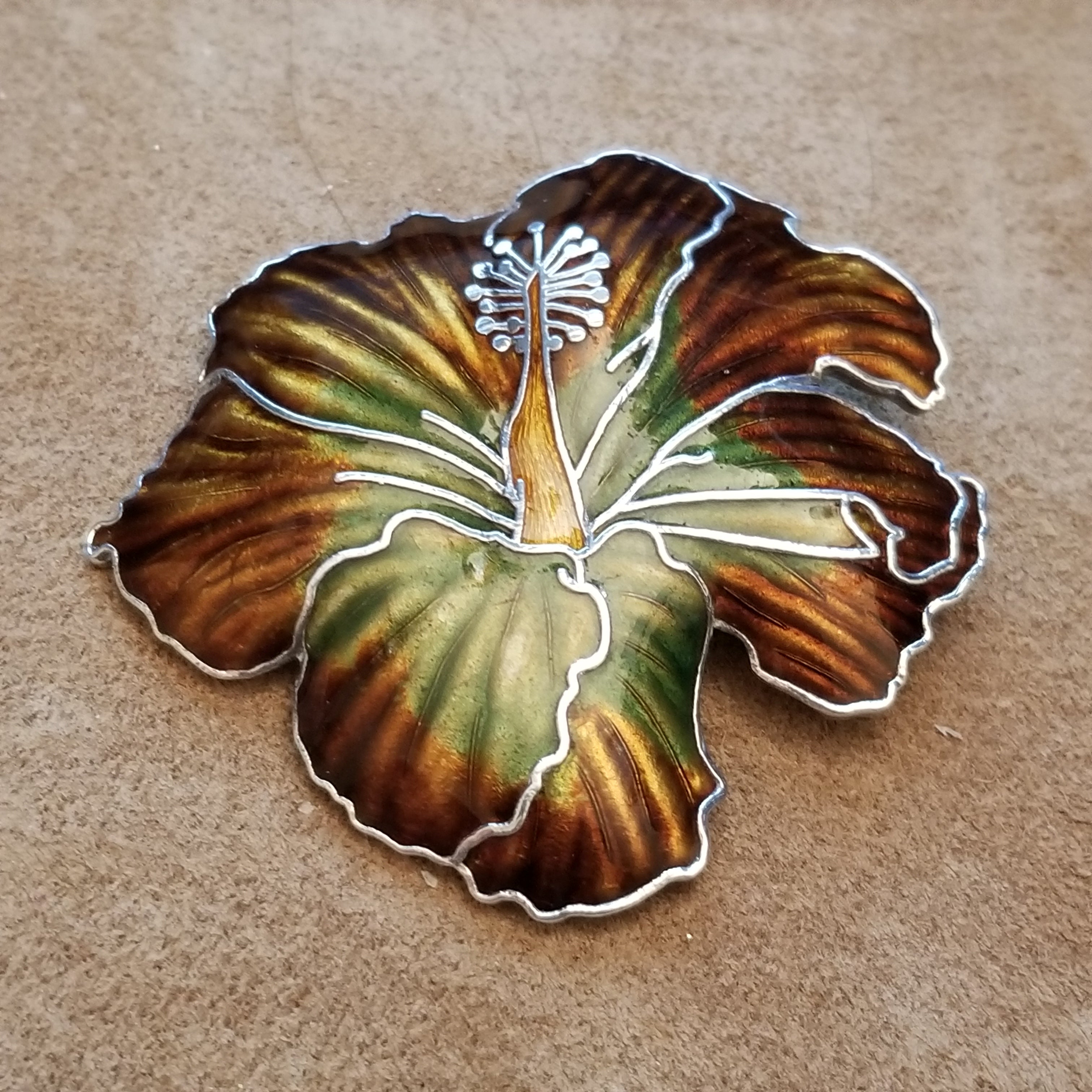 Silver Tone Enamel Hibiscus Flower Brooch