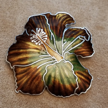 Silver Tone Enamel Hibiscus Flower Brooch