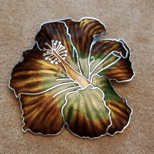 Silver Tone Enamel Hibiscus Flower Brooch
