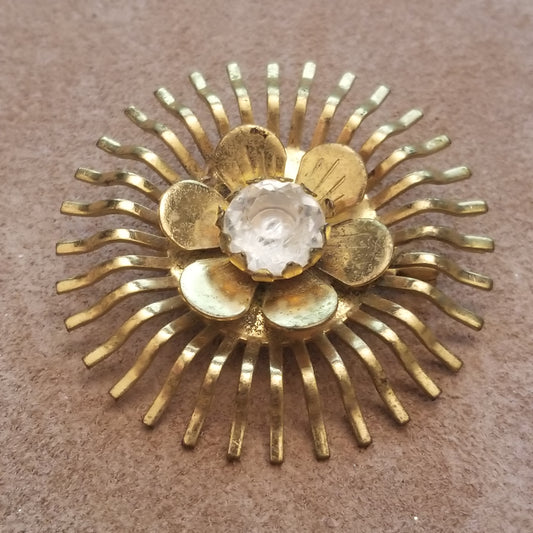 Vintage Gold Tone Starburst Flower With Rhinestone