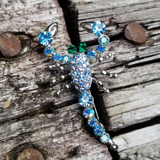 Blue Rhinestone Scorpion Brooch