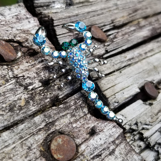 Blue Rhinestone Scorpion Brooch
