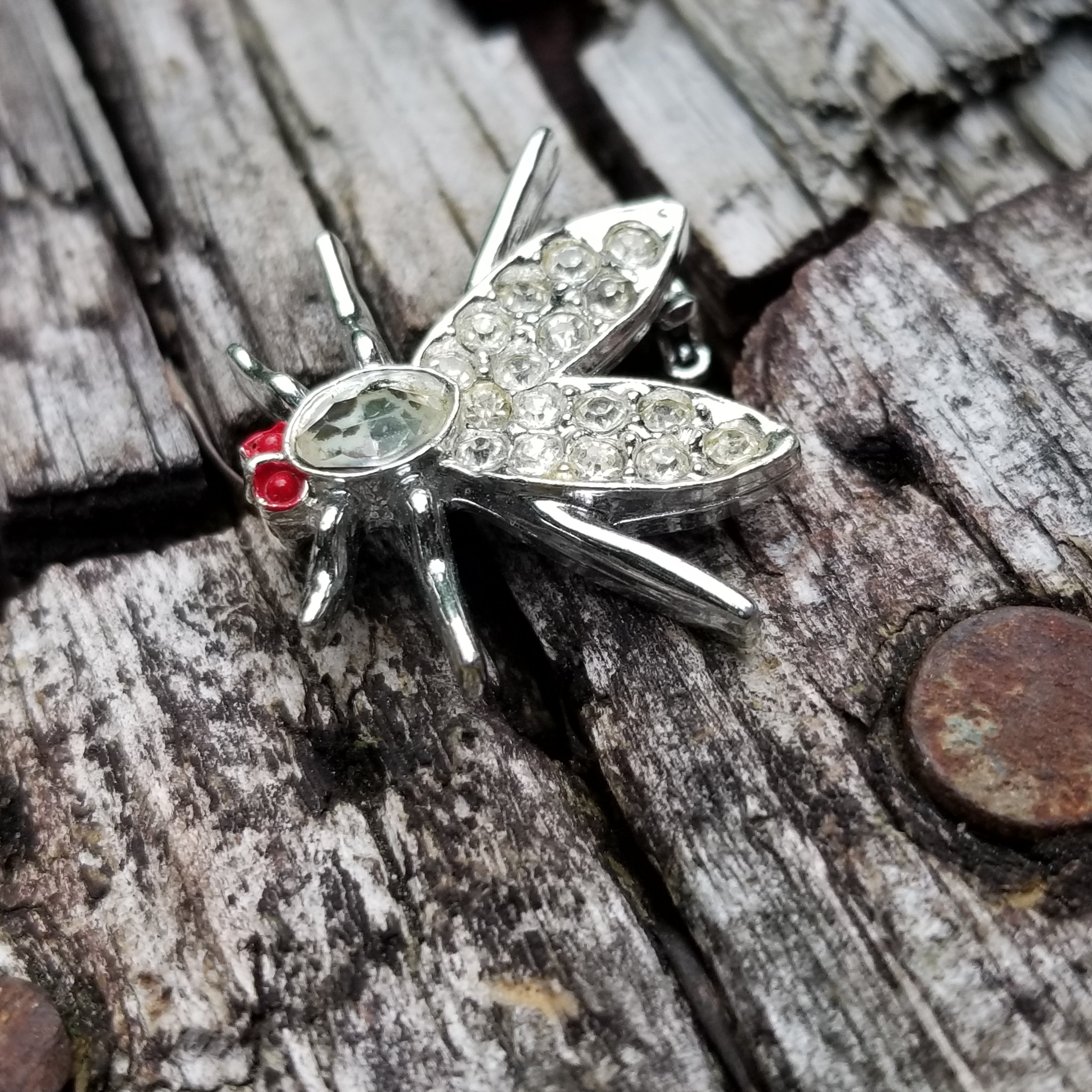 Silver Tone Rhinestone Fly Brooch