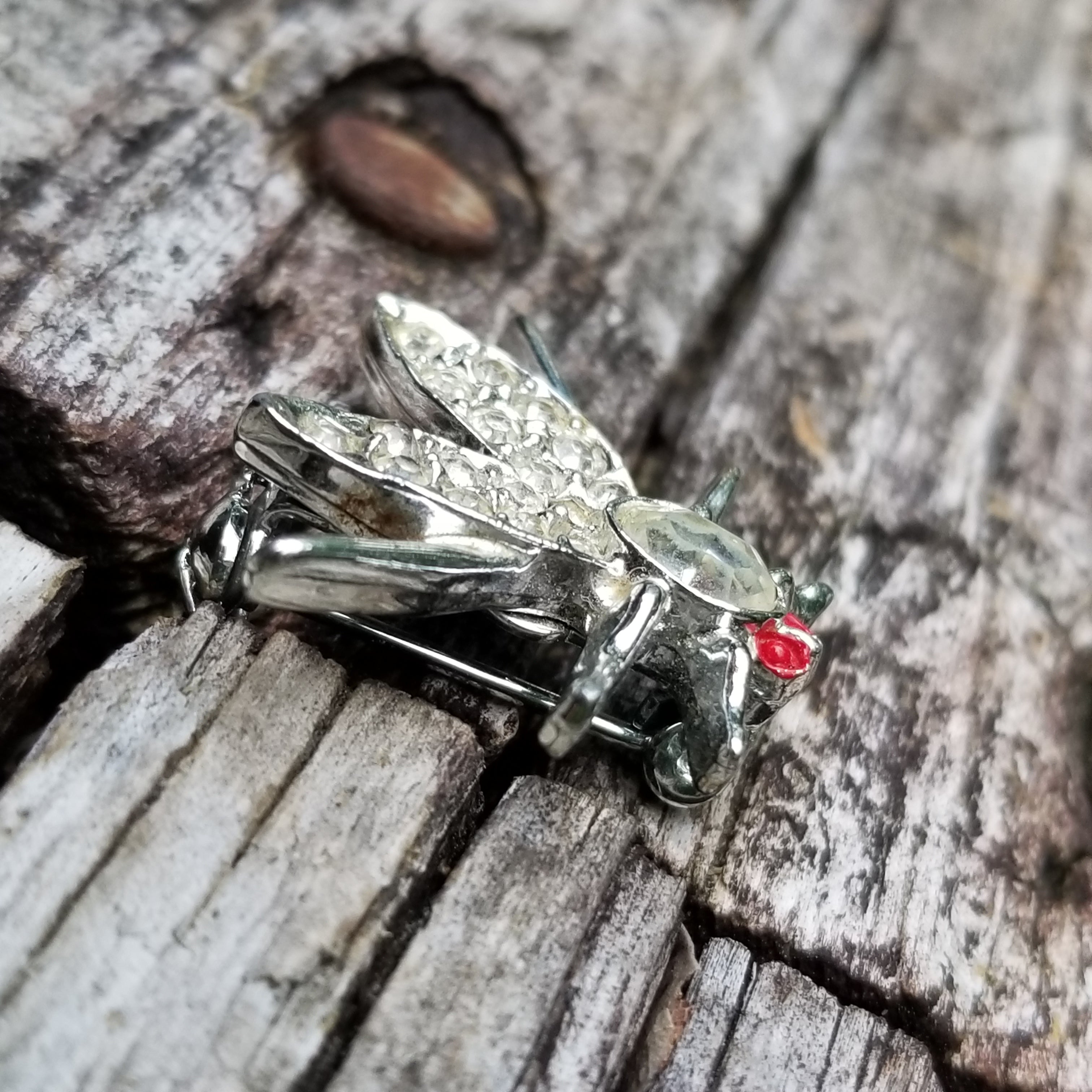 Silver Tone Rhinestone Fly Brooch