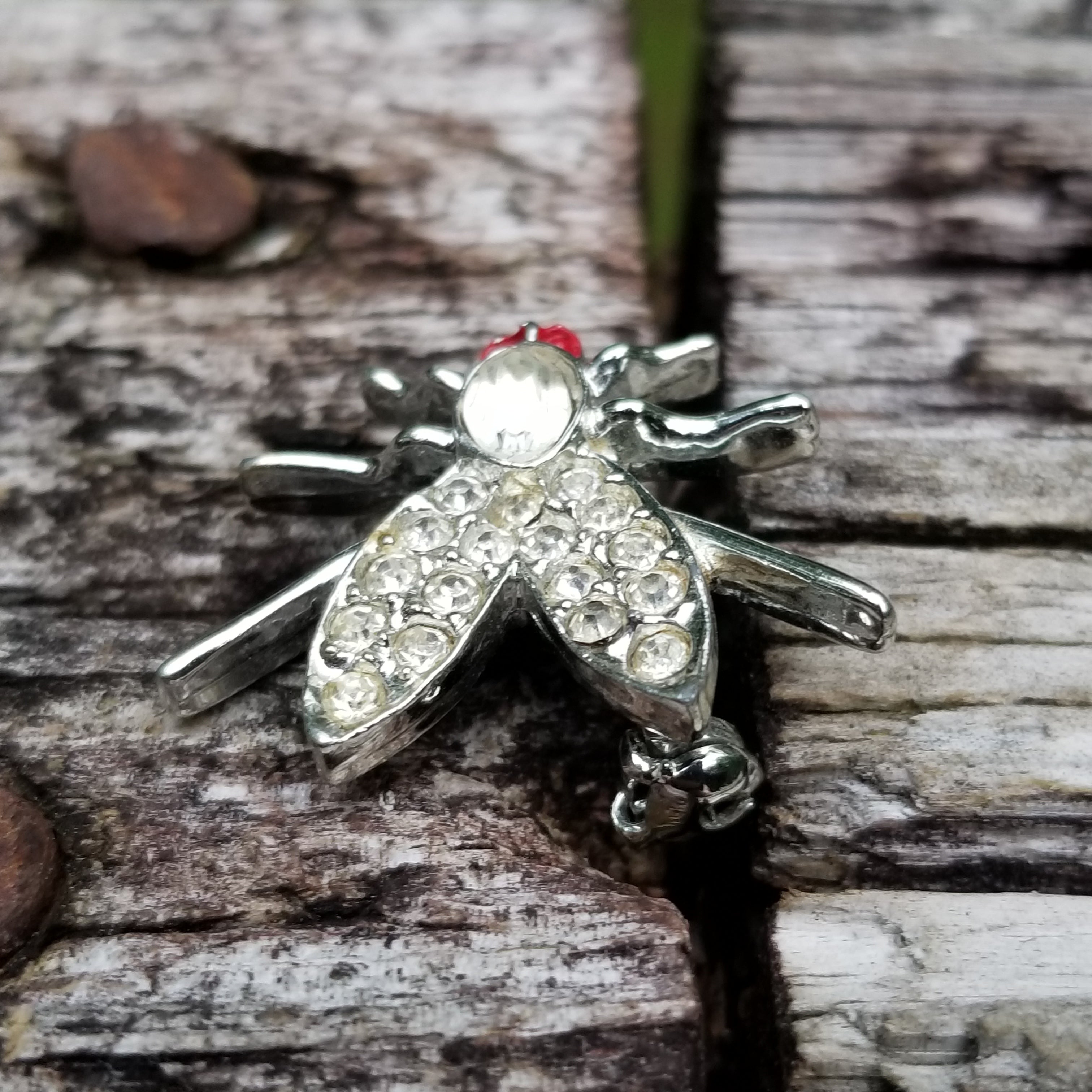 Silver Tone Rhinestone Fly Brooch