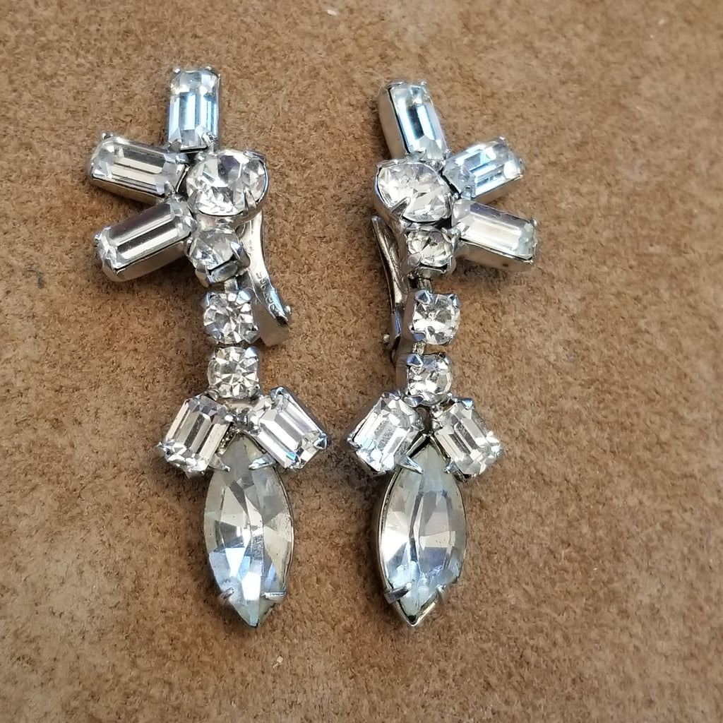 Vintage Silver Tone Rhinestone Clip On Earrings