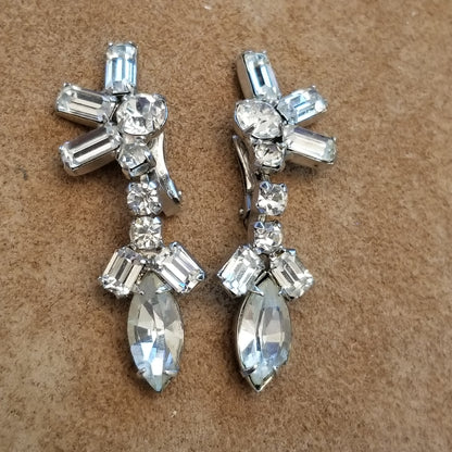 Vintage Silver Tone Rhinestone Clip On Earrings