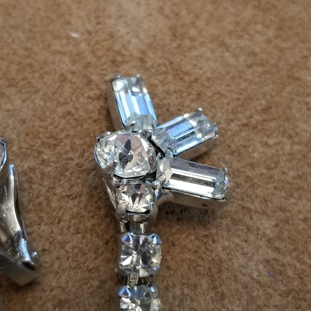 Vintage Silver Tone Rhinestone Clip On Earrings