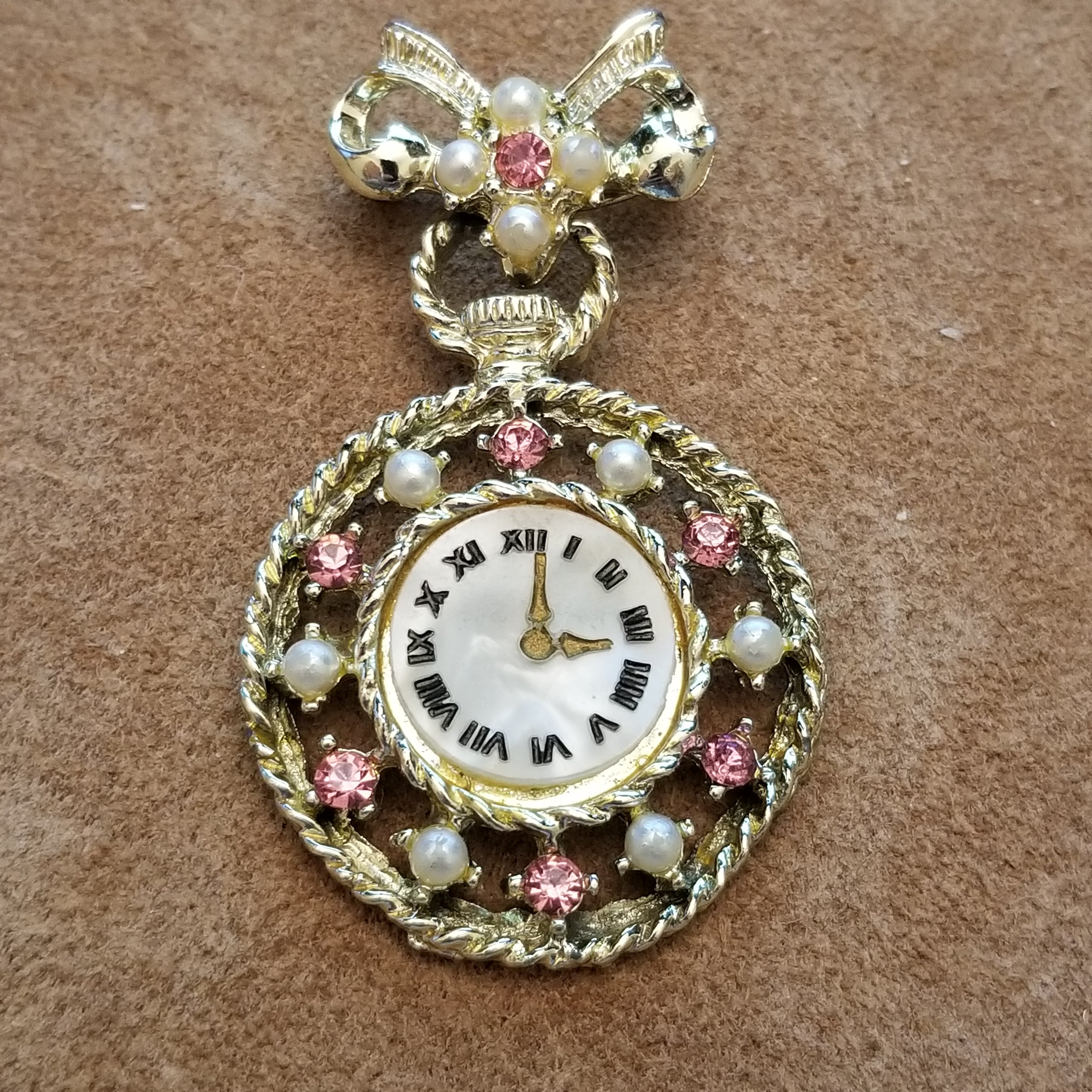 Gold Tone Faux Clock Brooch