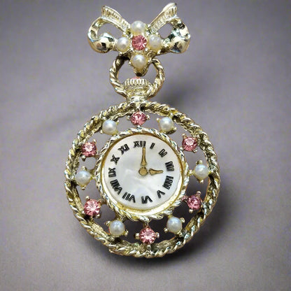 Gold Tone Faux Clock Brooch
