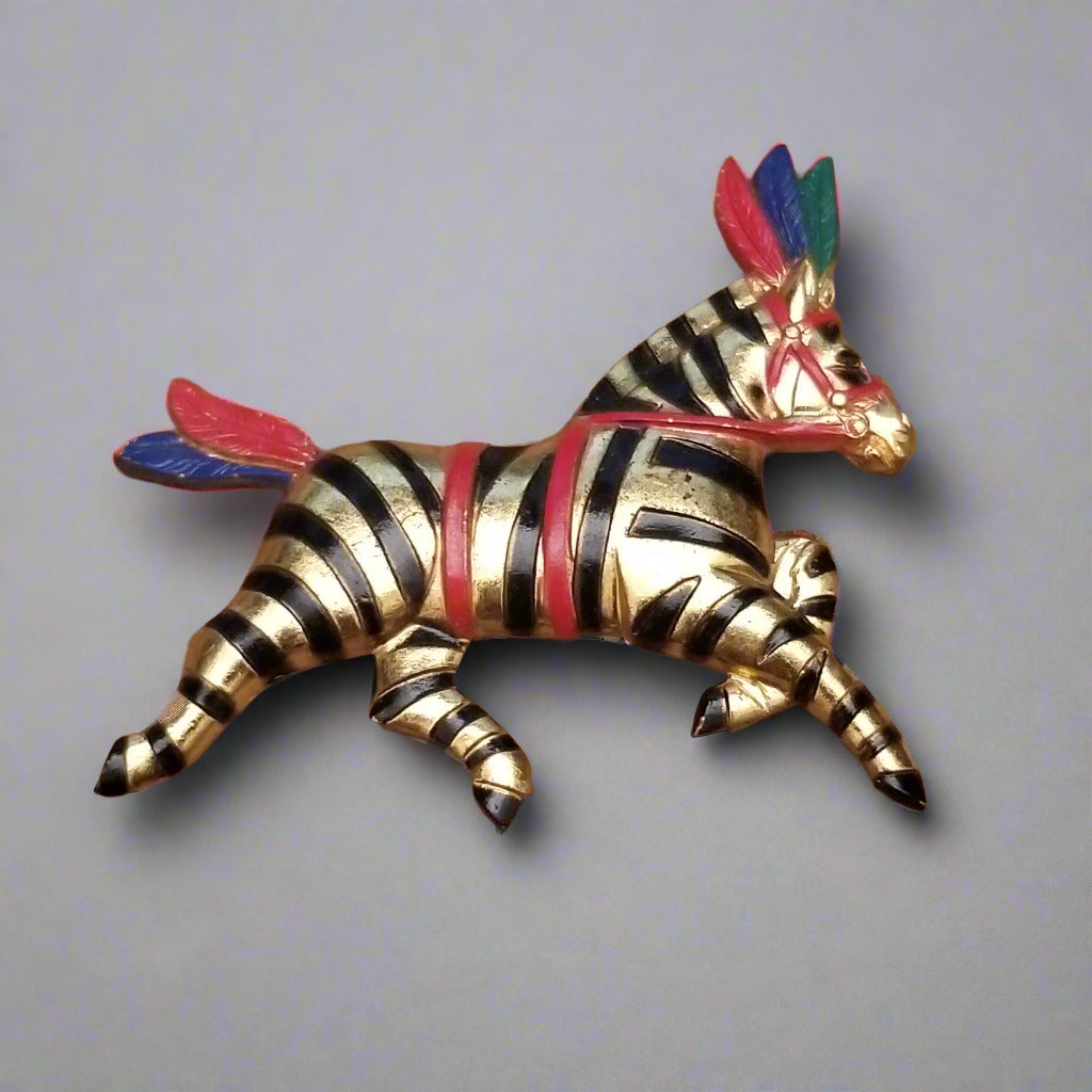 Gold Tone Galloping Zebra Brooch