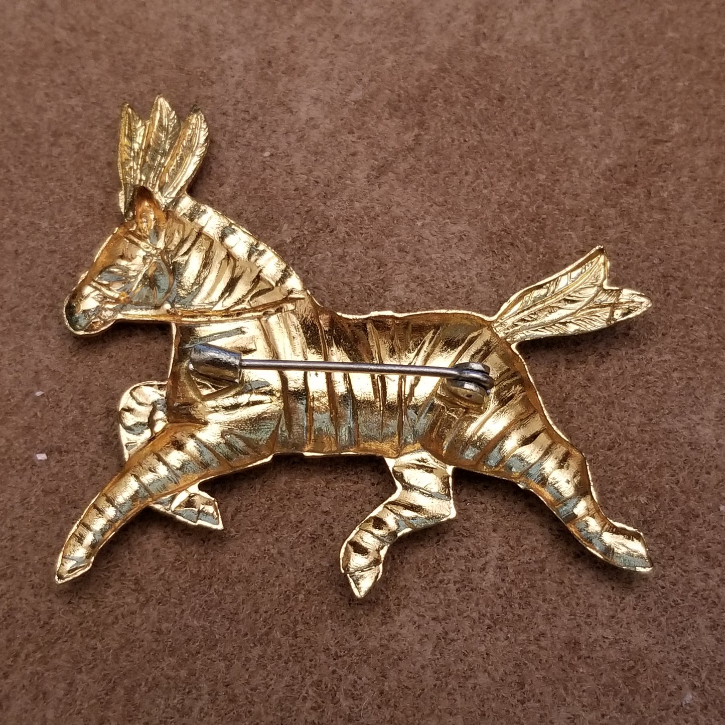 Gold Tone Galloping Zebra Brooch