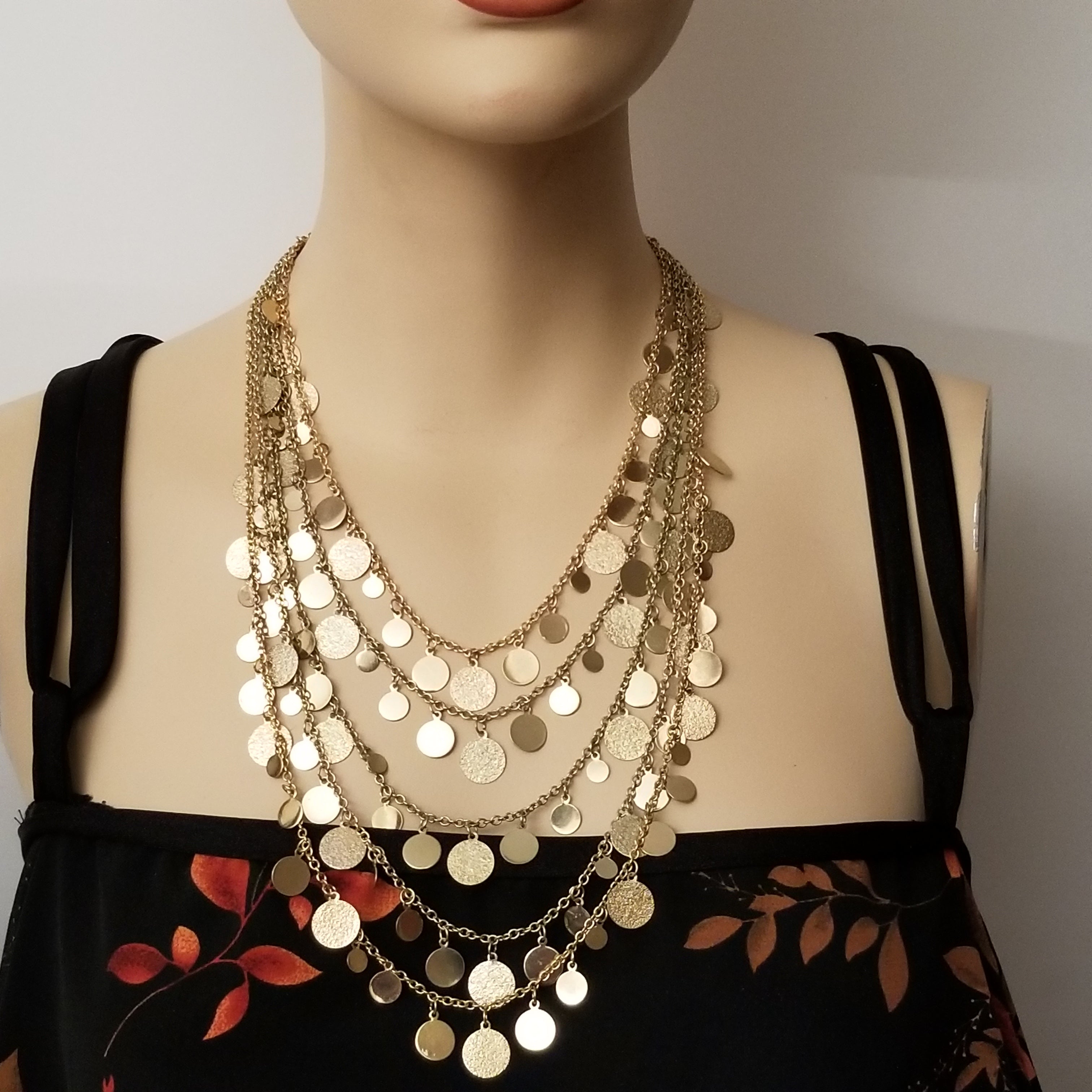 5 Strand Gold Tone Coin Layered Necklace