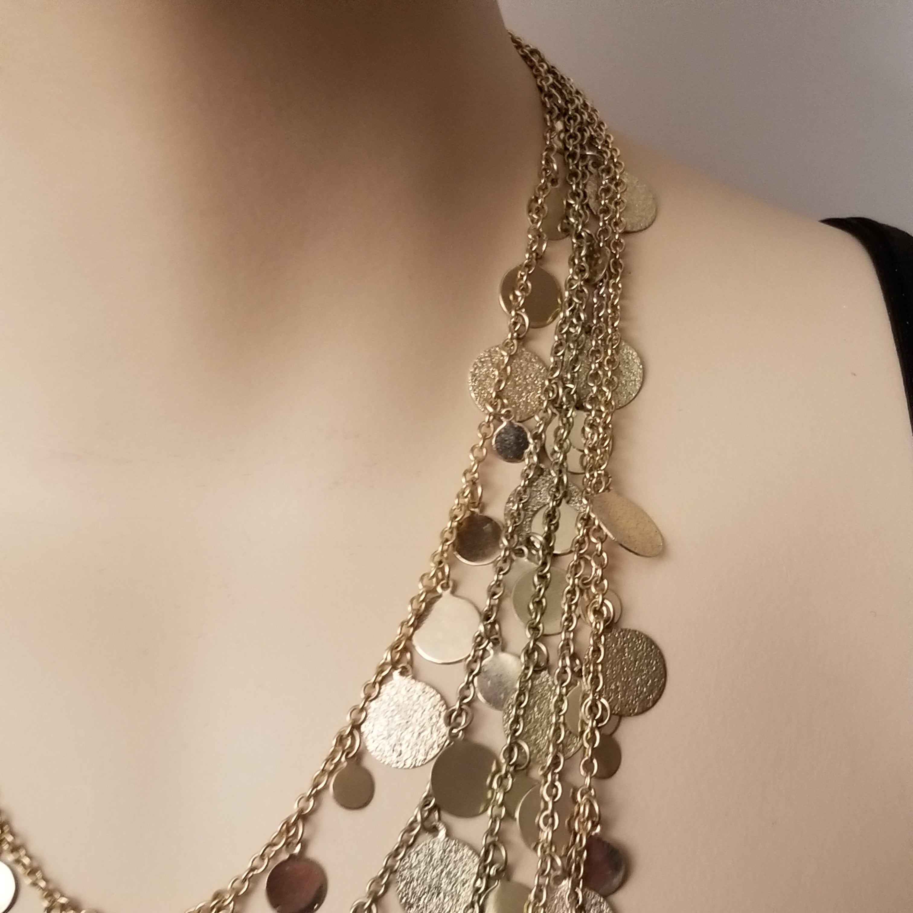 5 Strand Gold Tone Coin Layered Necklace