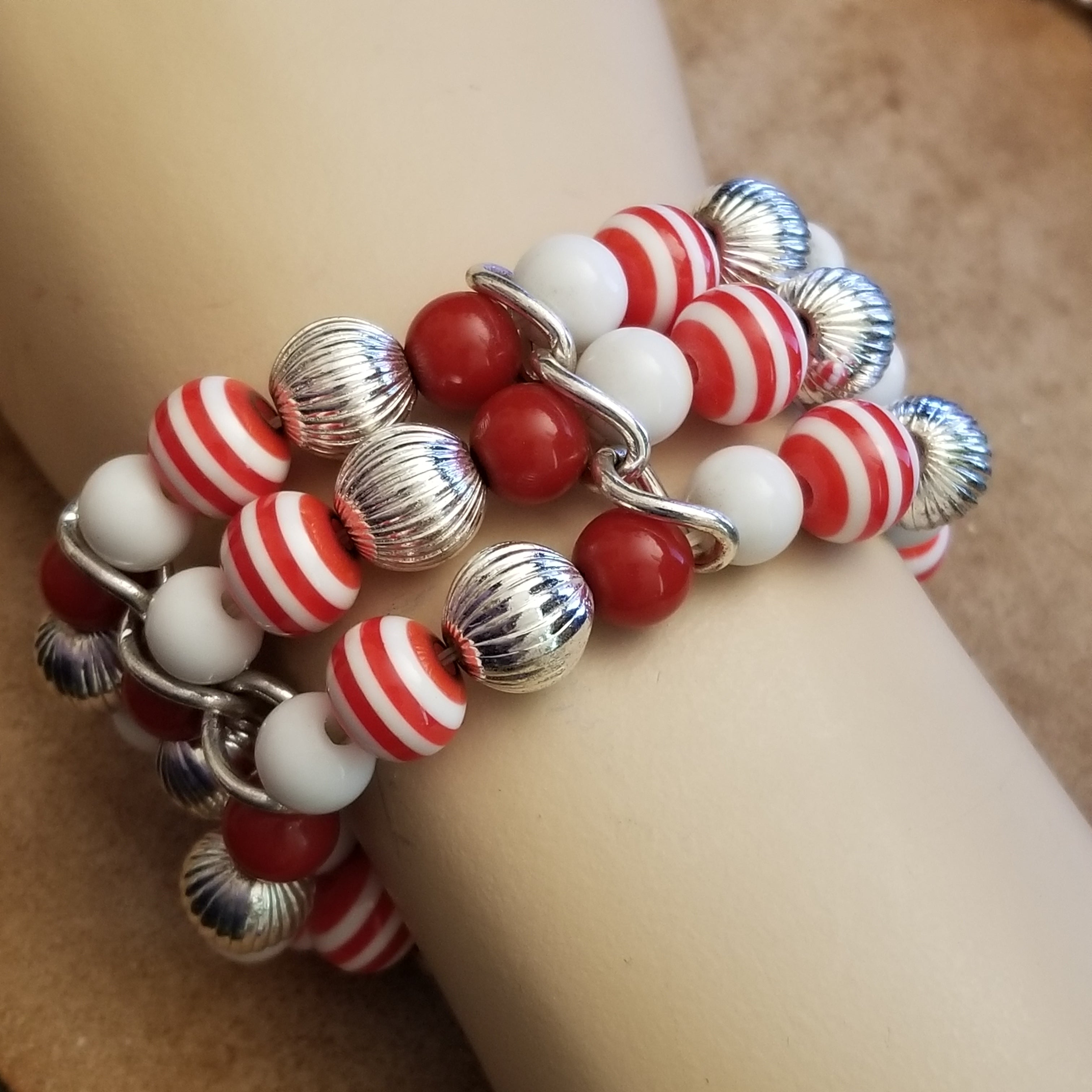 Red Candycane Stretch Bead Bracelet