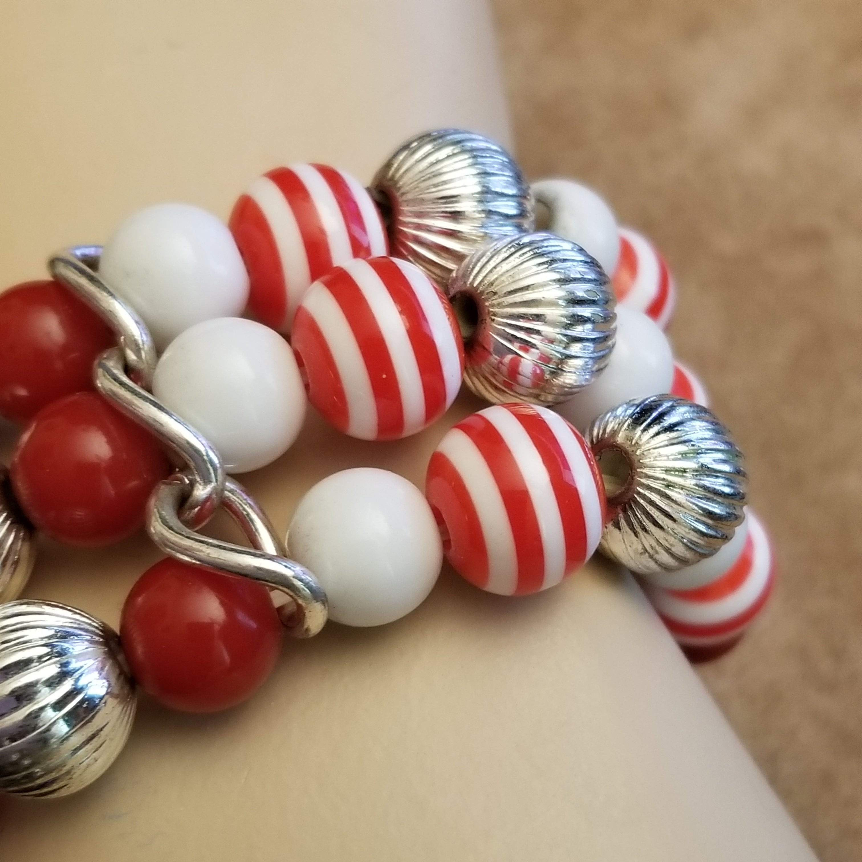 Red Candycane Stretch Bead Bracelet