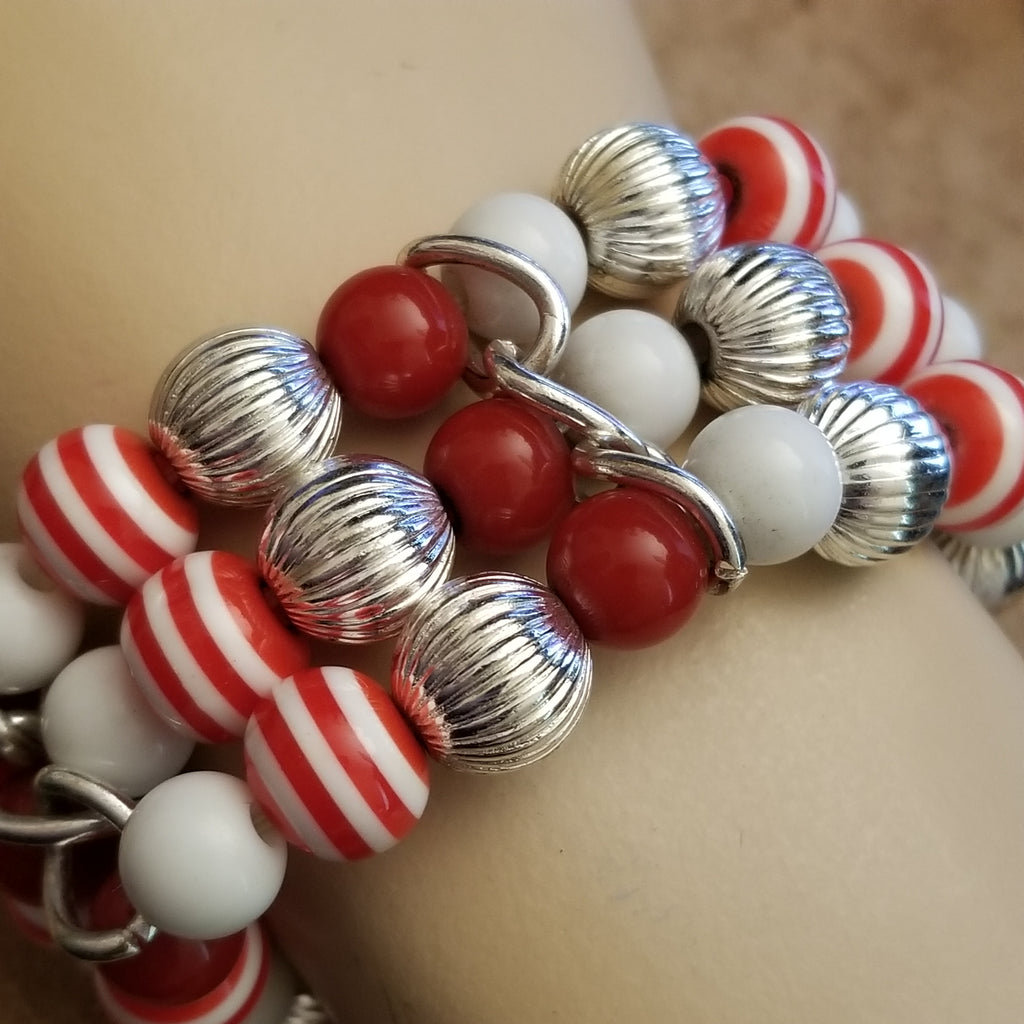Red Candycane Stretch Bead Bracelet