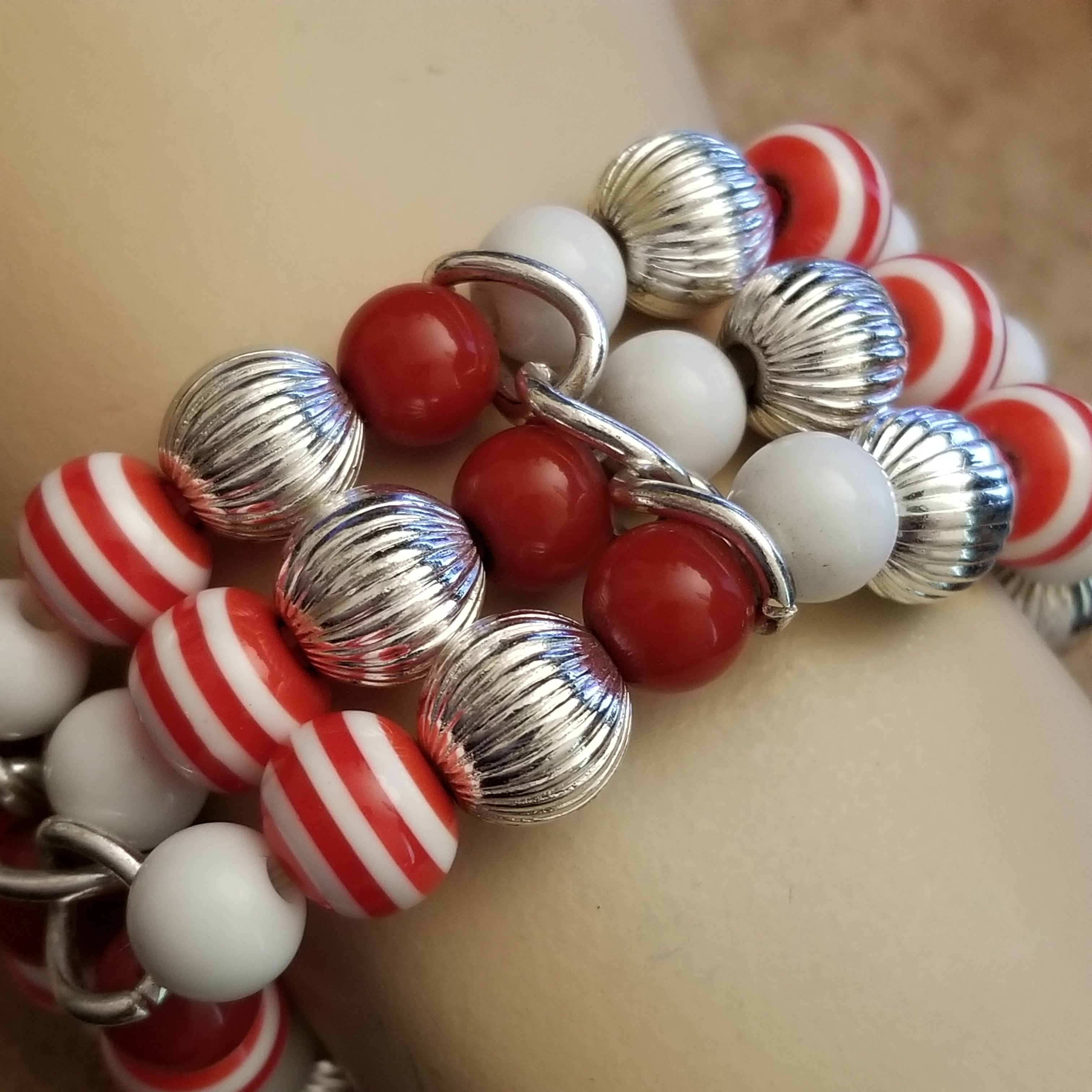 Red Candycane Stretch Bead Bracelet