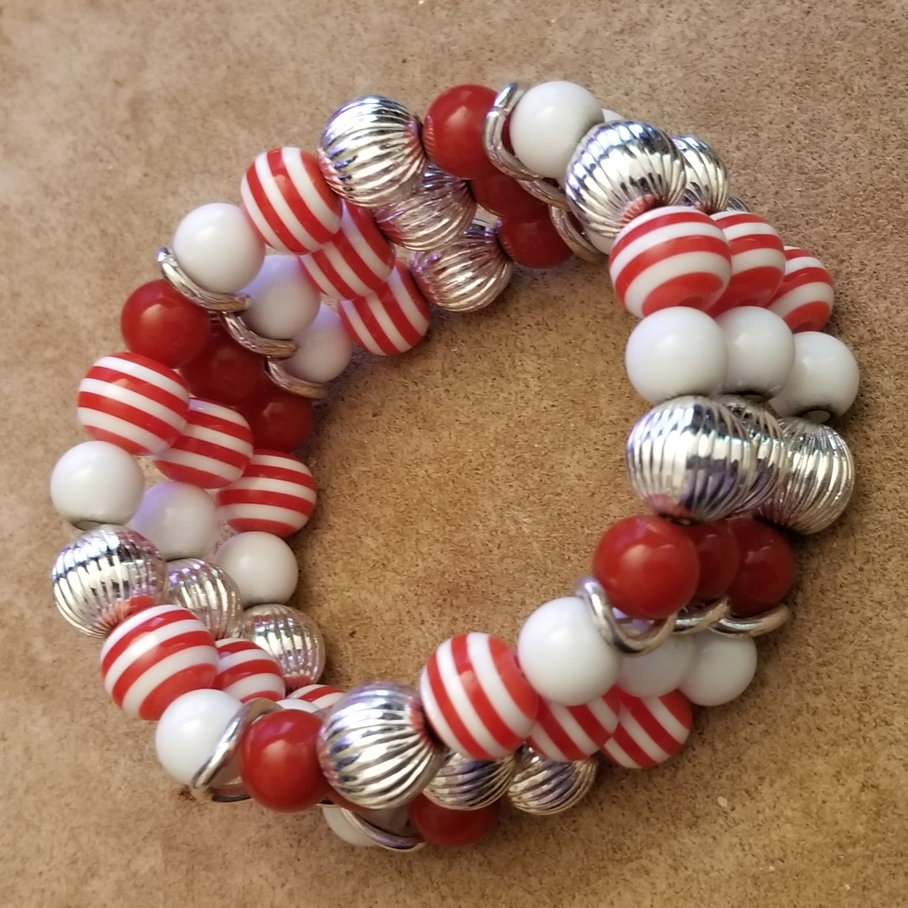 Red Candycane Stretch Bead Bracelet
