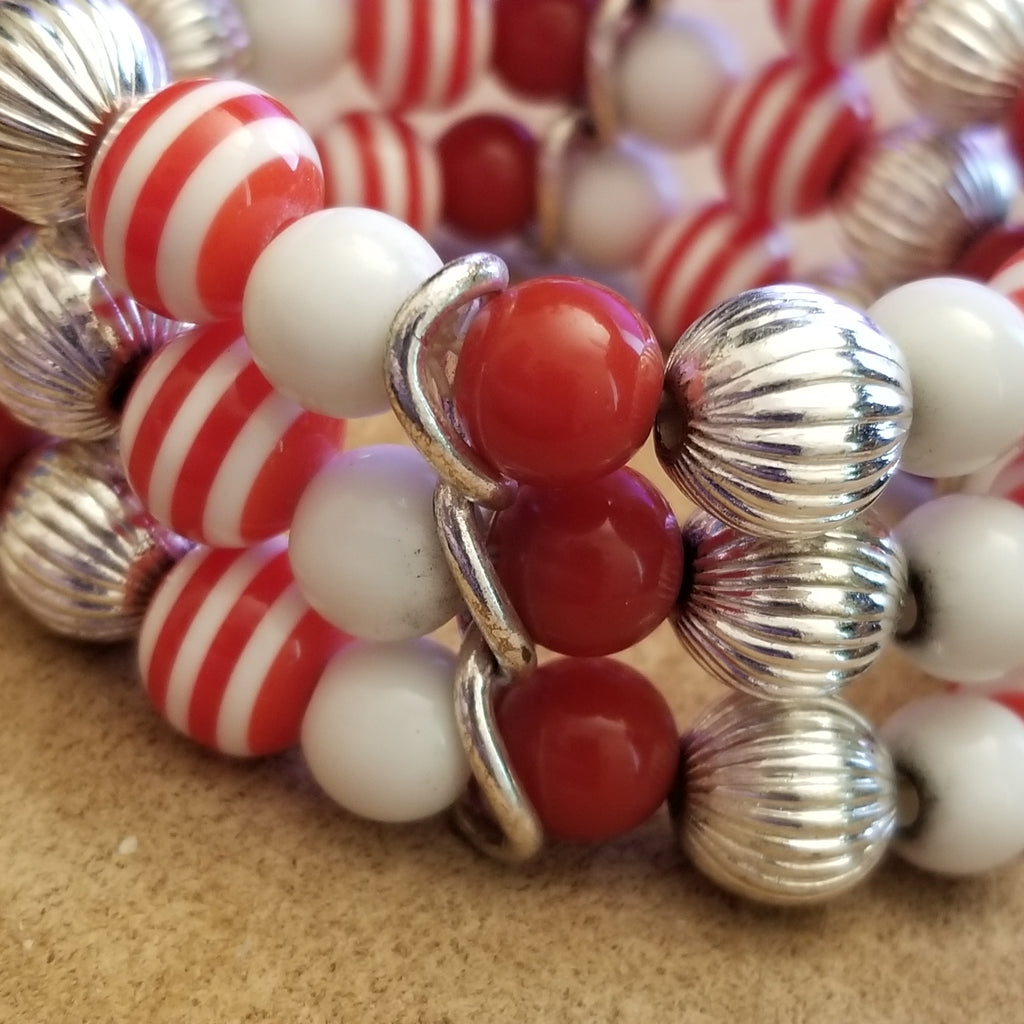 Red Candycane Stretch Bead Bracelet