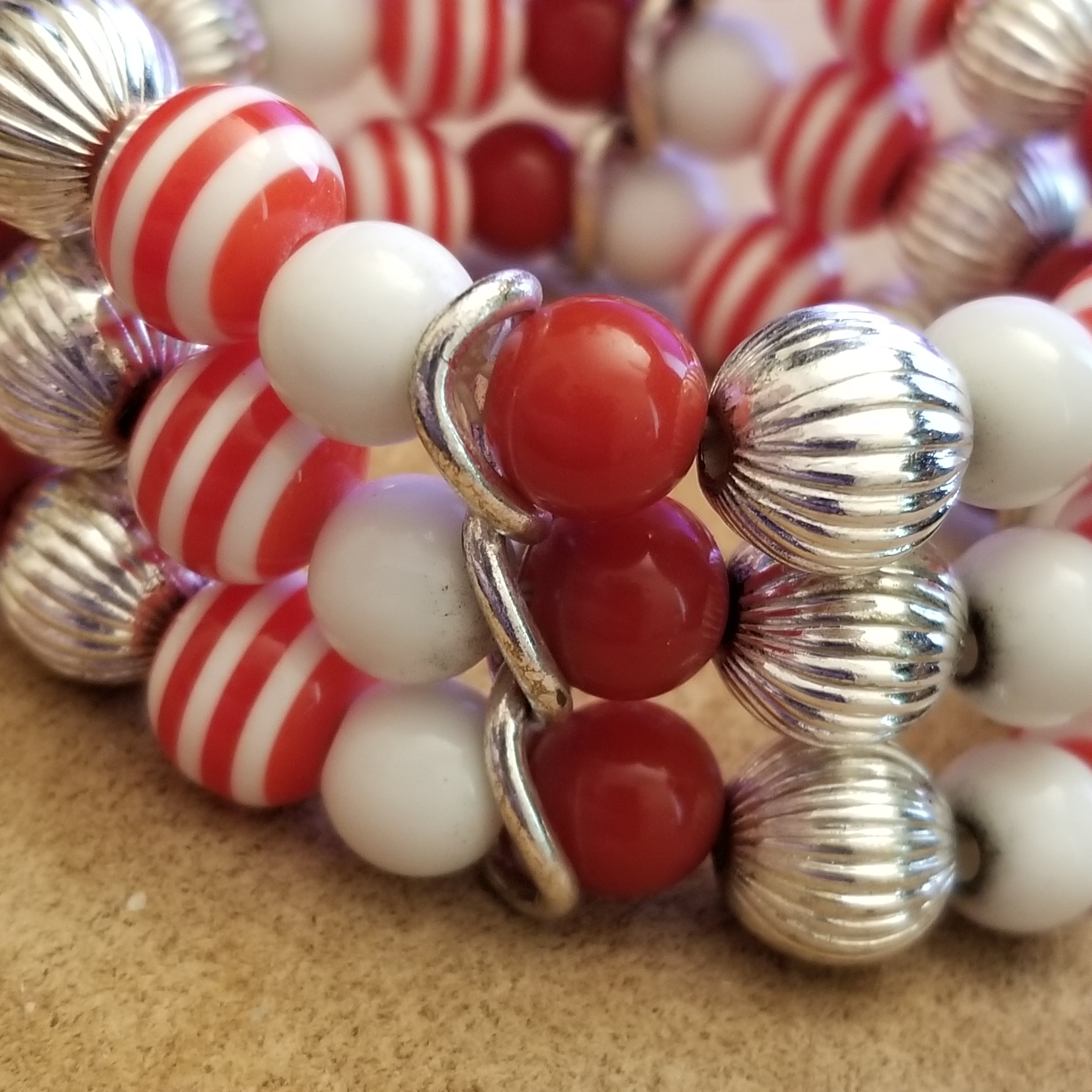 Red Candycane Stretch Bead Bracelet