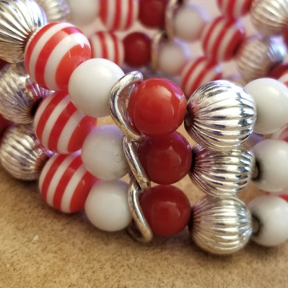 Red Candycane Stretch Bead Bracelet