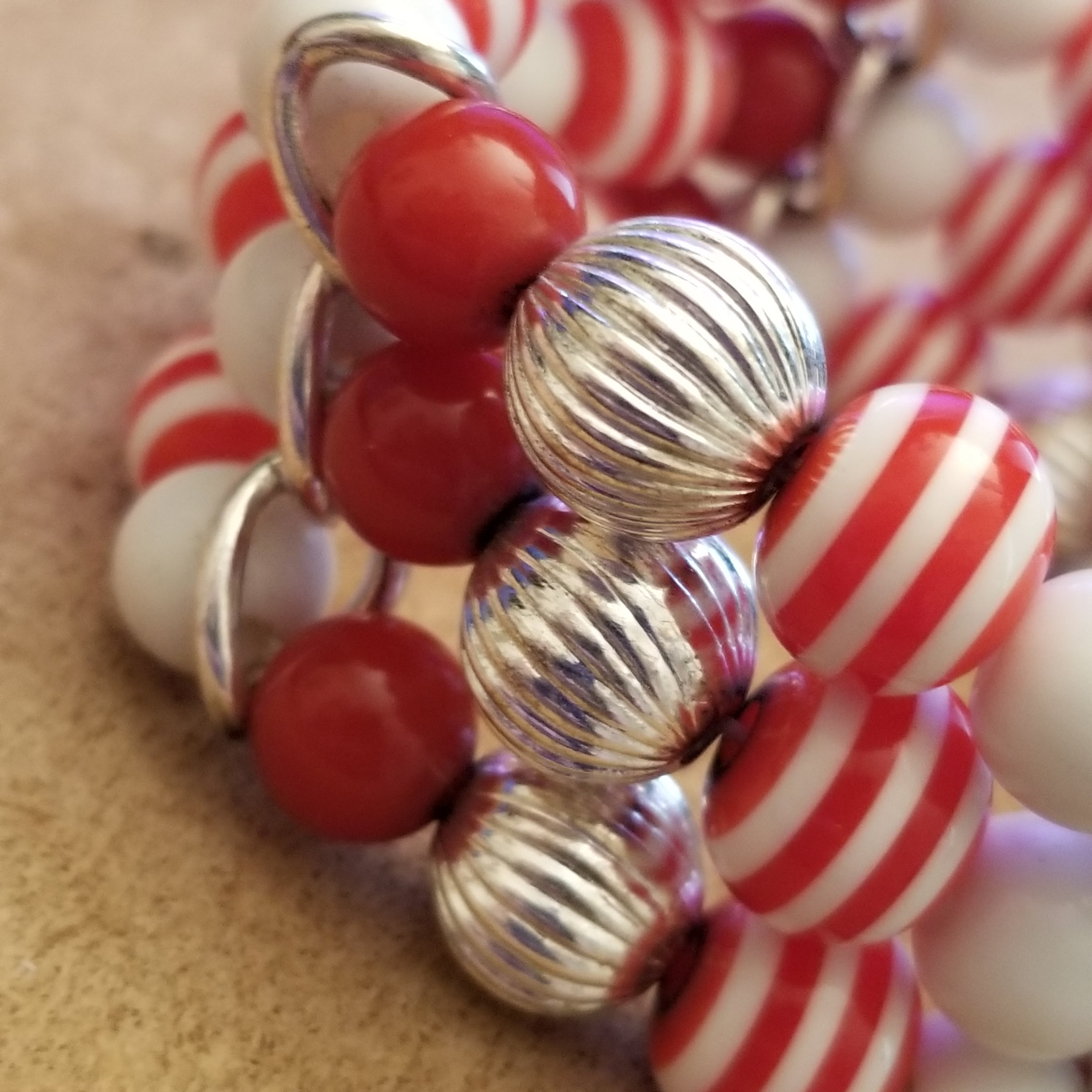 Red Candycane Stretch Bead Bracelet