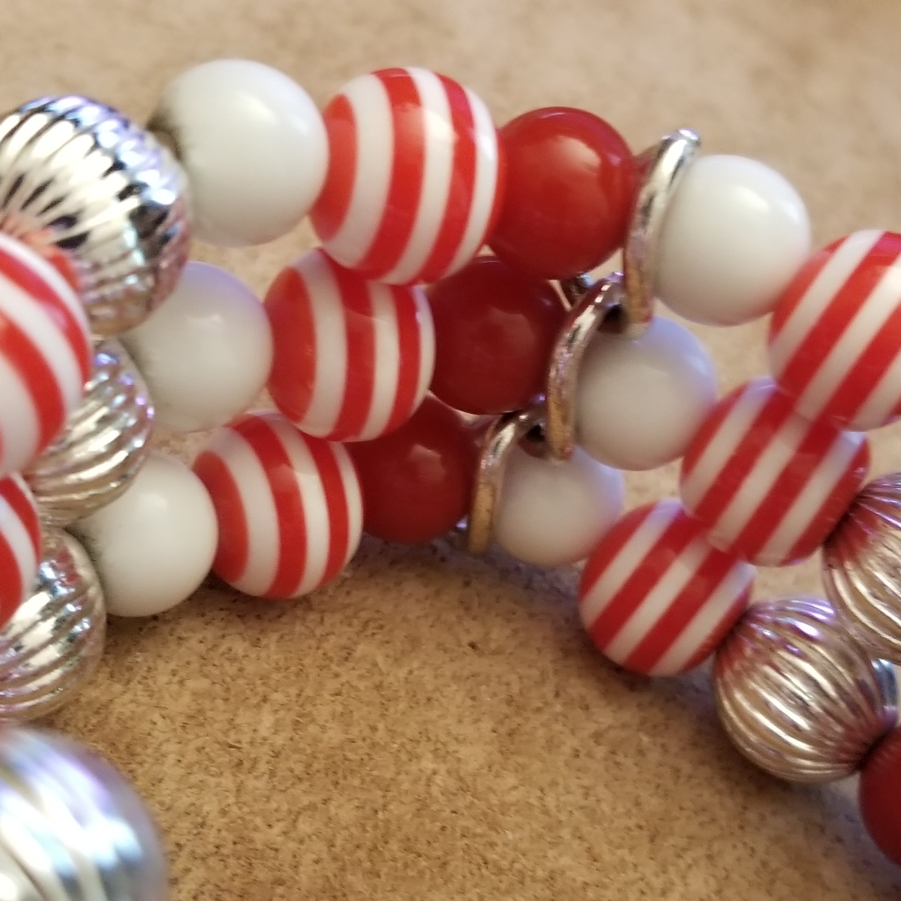 Red Candycane Stretch Bead Bracelet