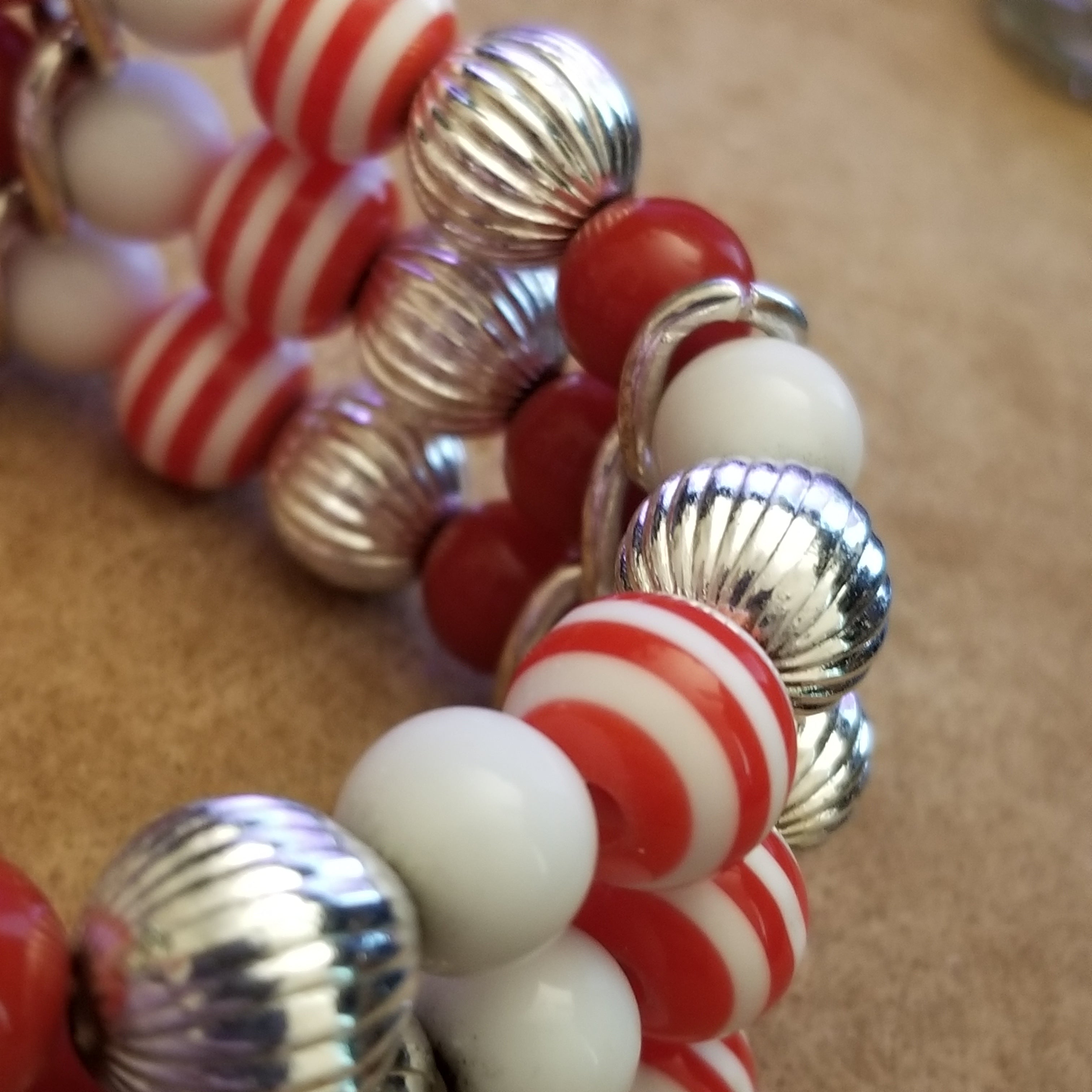 Red Candycane Stretch Bead Bracelet