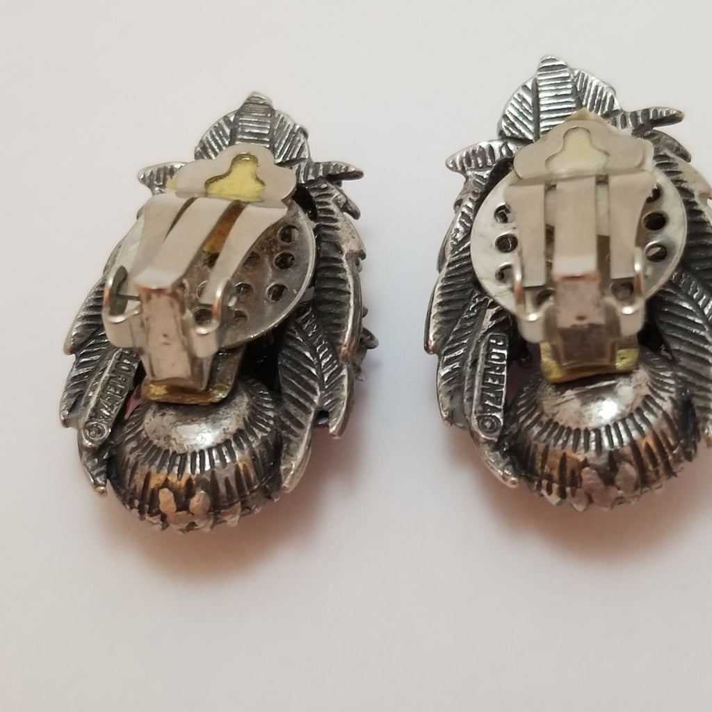 Vintage Starburst Glass Clip On Earrings Signed Florenza