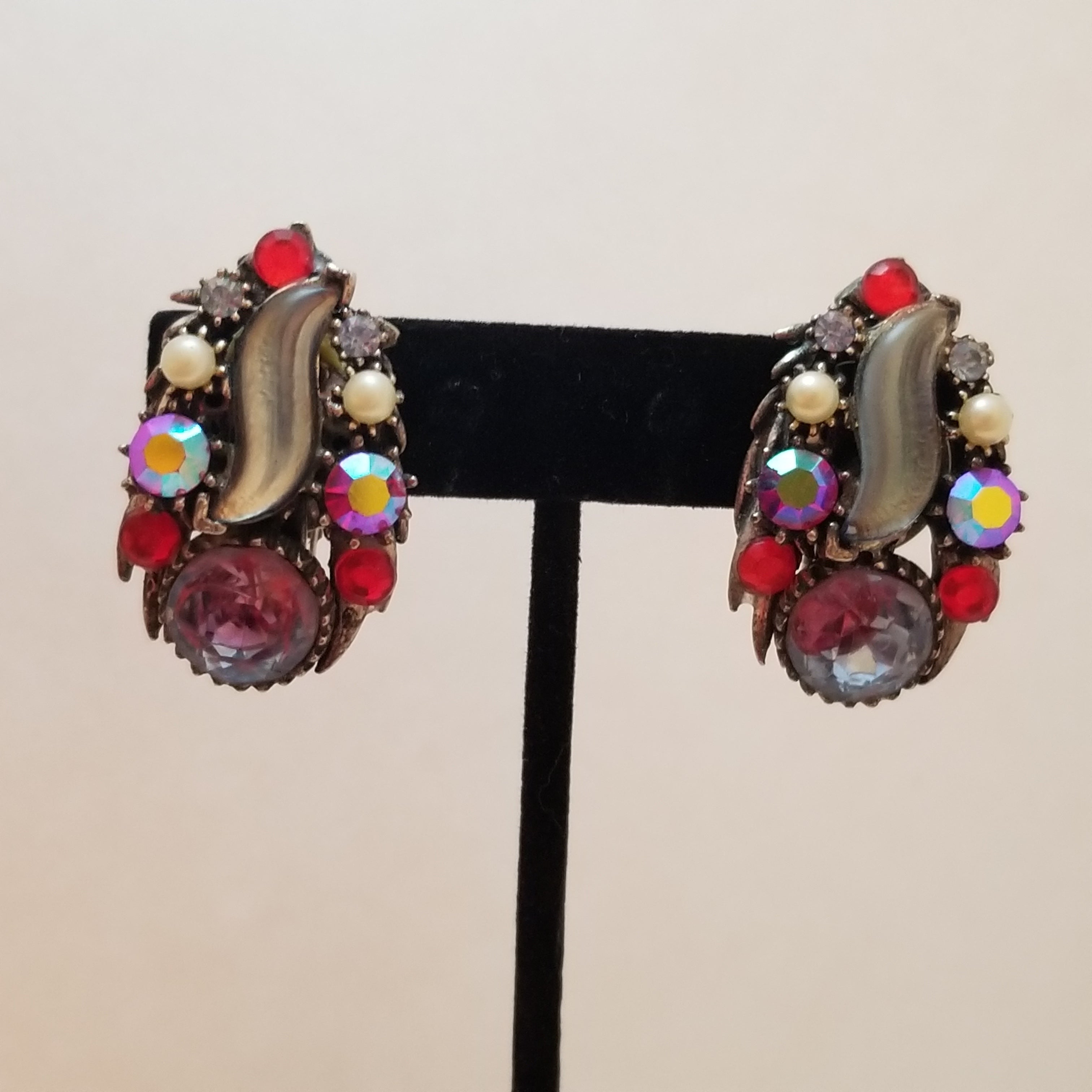 Vintage Starburst Glass Clip On Earrings Signed Florenza