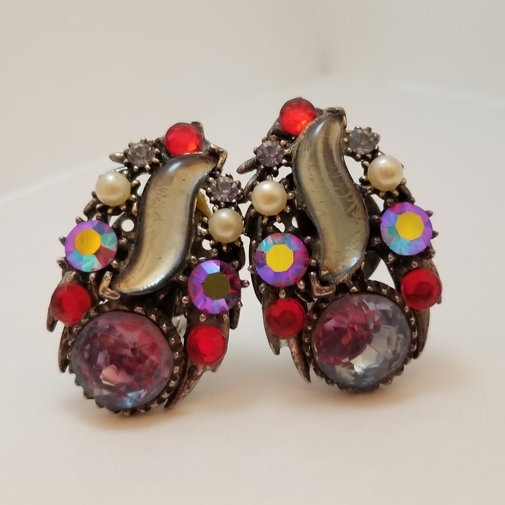 Vintage Starburst Glass Clip On Earrings Signed Florenza