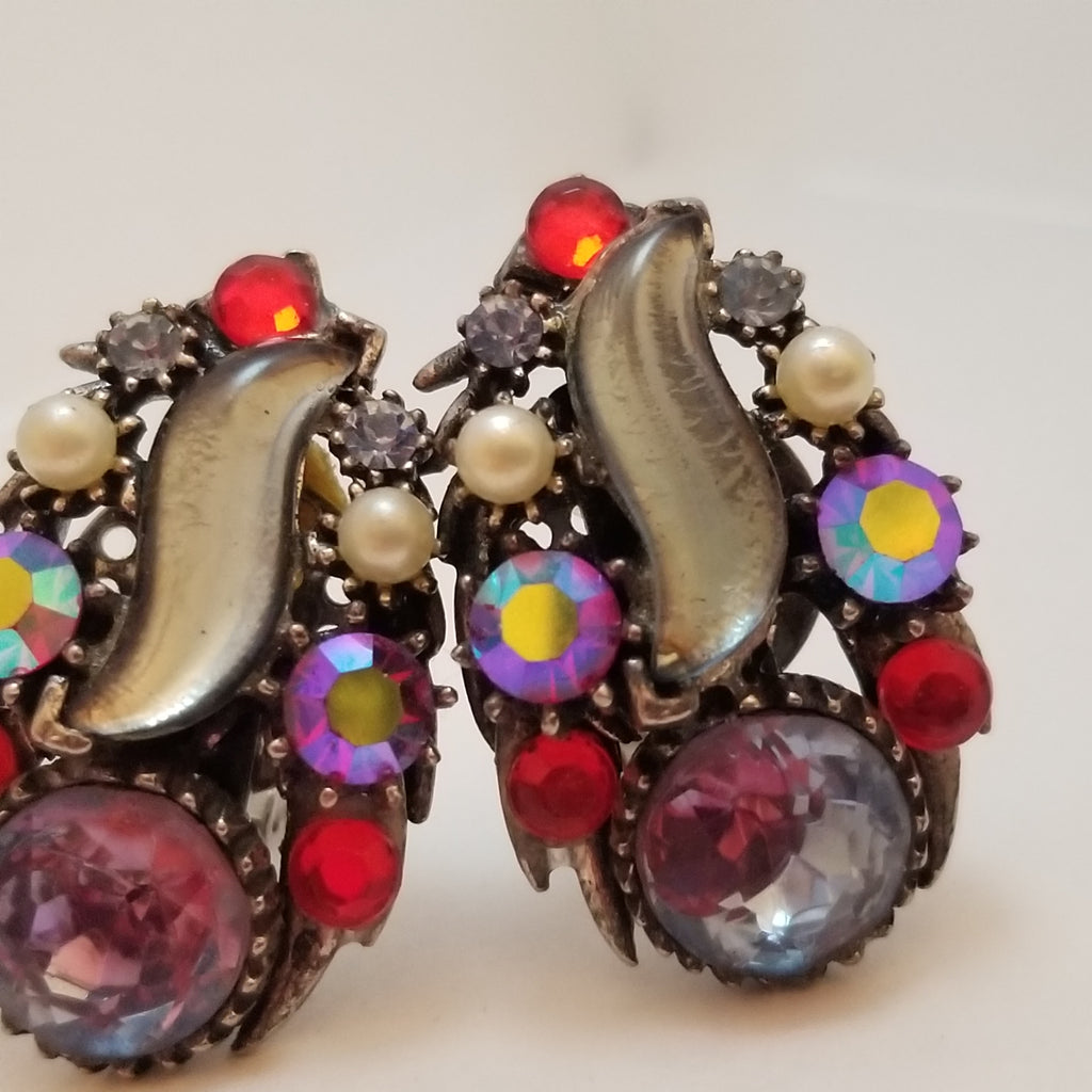 Vintage Starburst Glass Clip On Earrings Signed Florenza