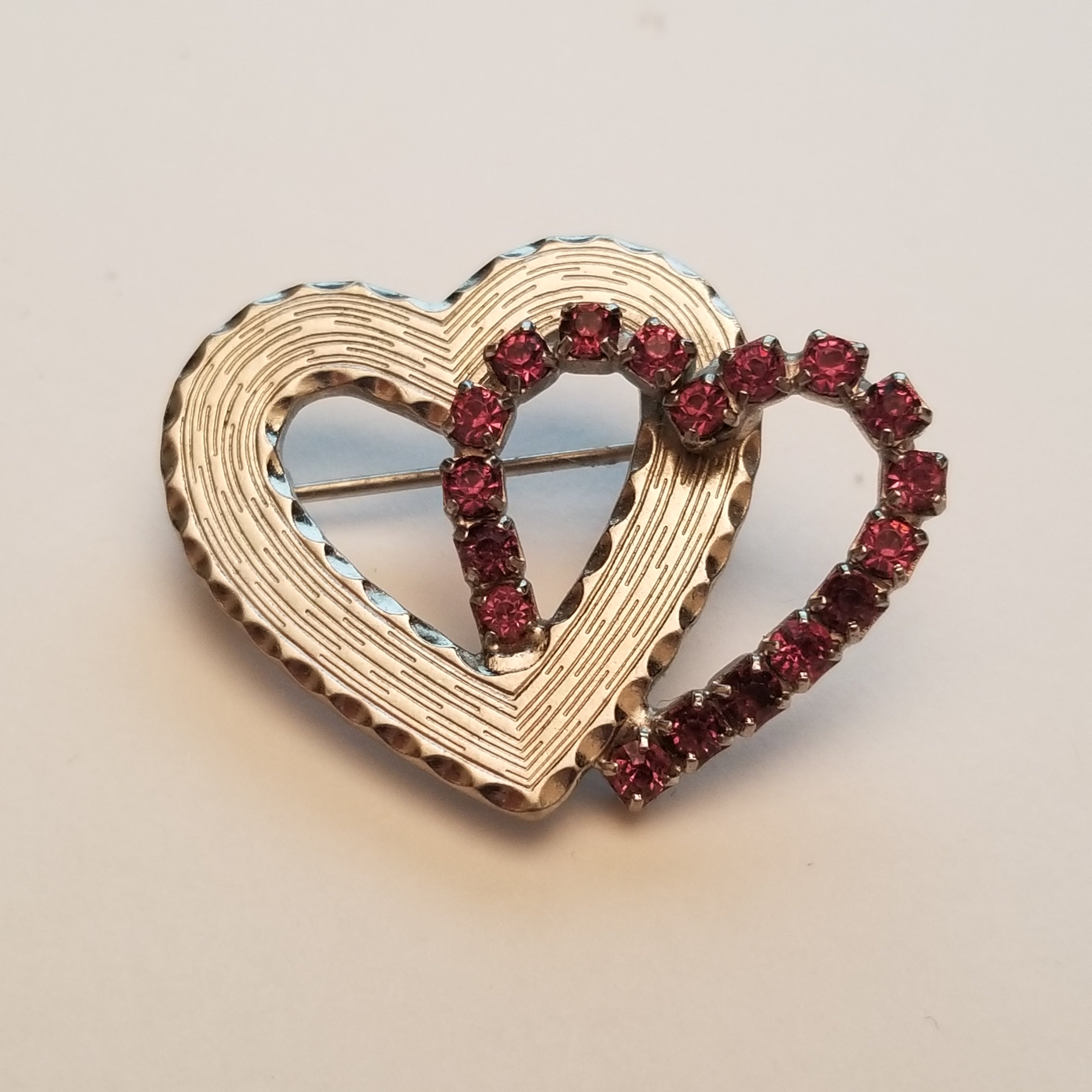 Silver Tone Double Hear Rhinestone Brooch