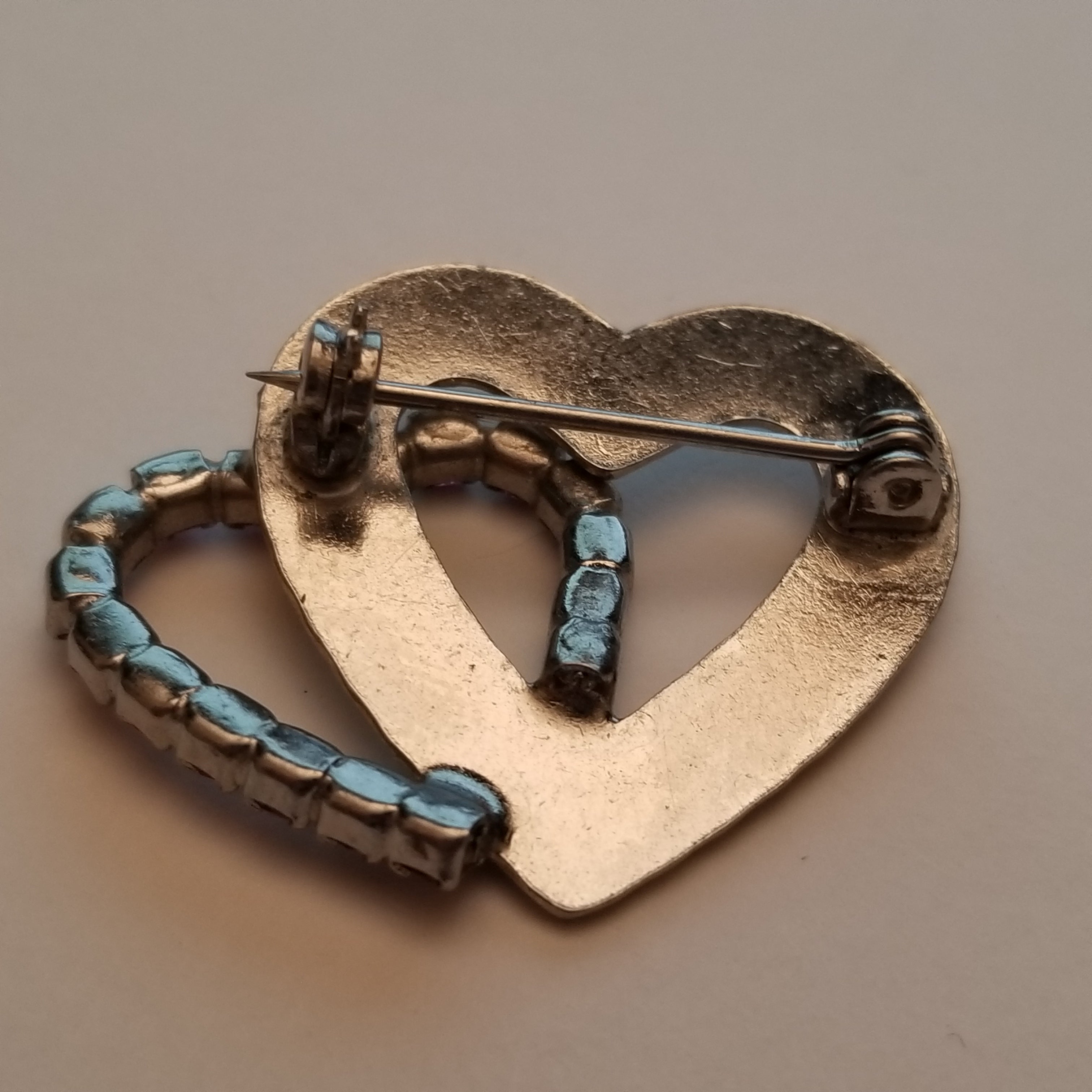 Silver Tone Double Hear Rhinestone Brooch