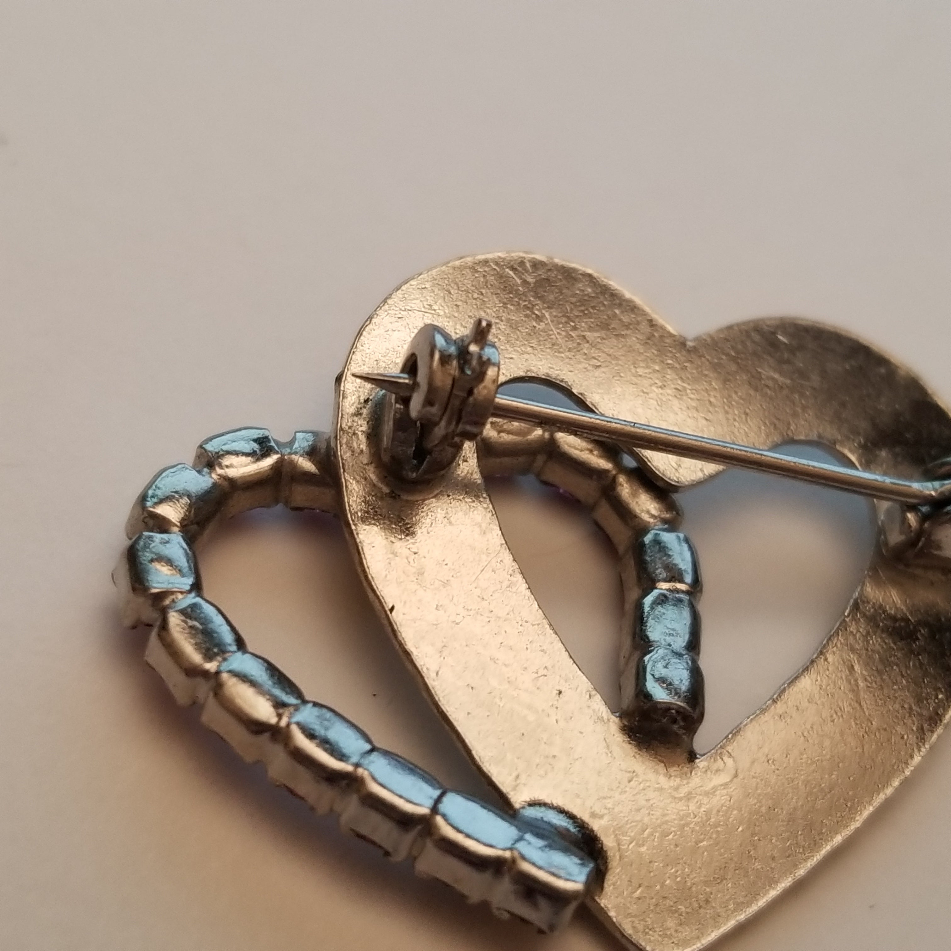 Silver Tone Double Hear Rhinestone Brooch