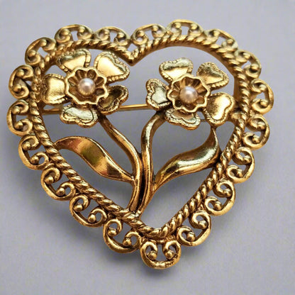 Gold Tone Heart Flower Brooch