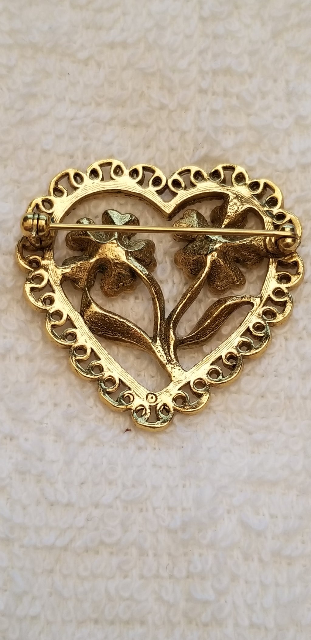 Gold Tone Heart Flower Brooch