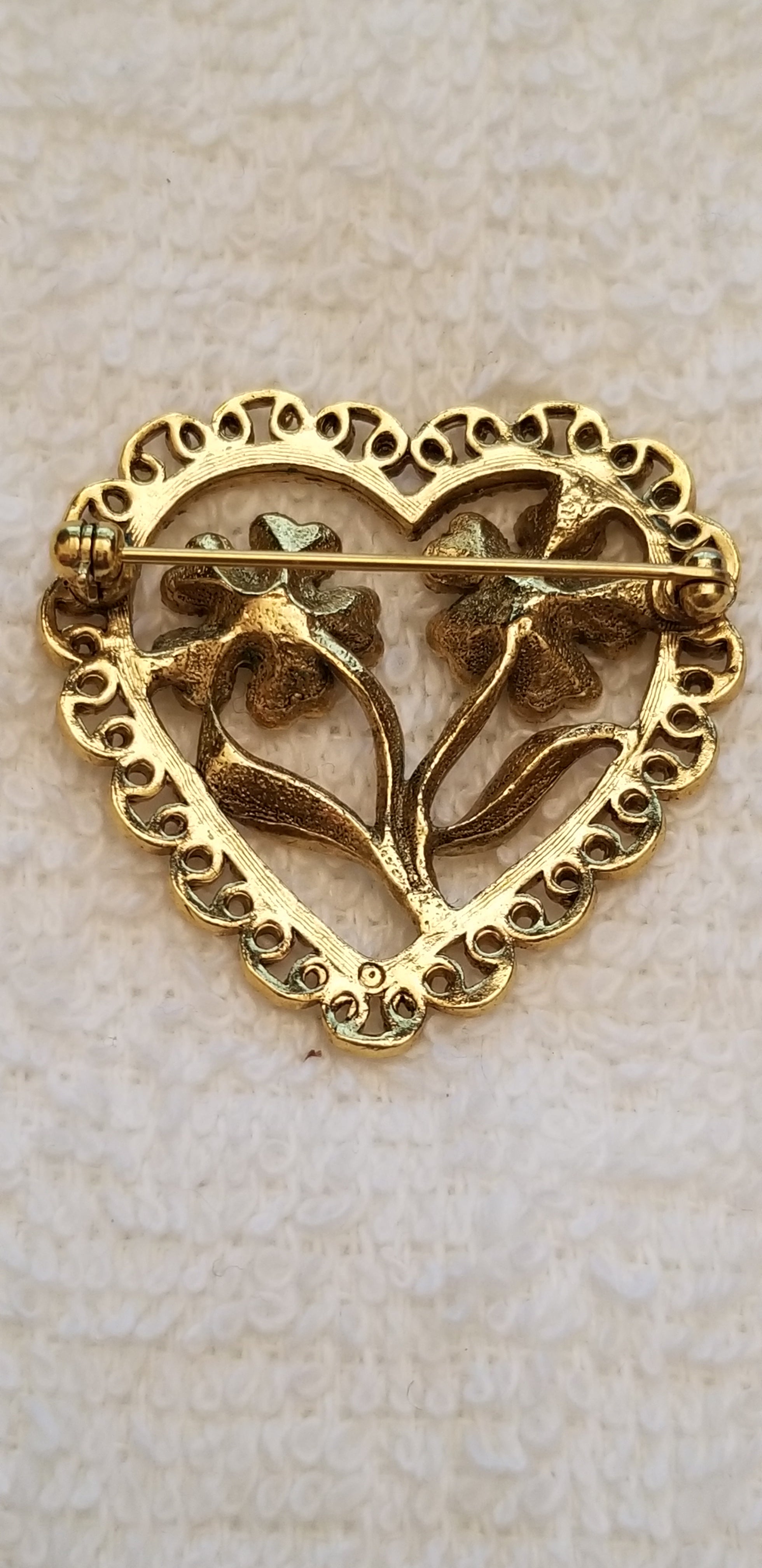Gold Tone Heart Flower Brooch