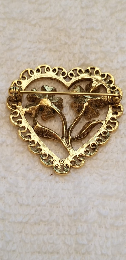 Gold Tone Heart Flower Brooch