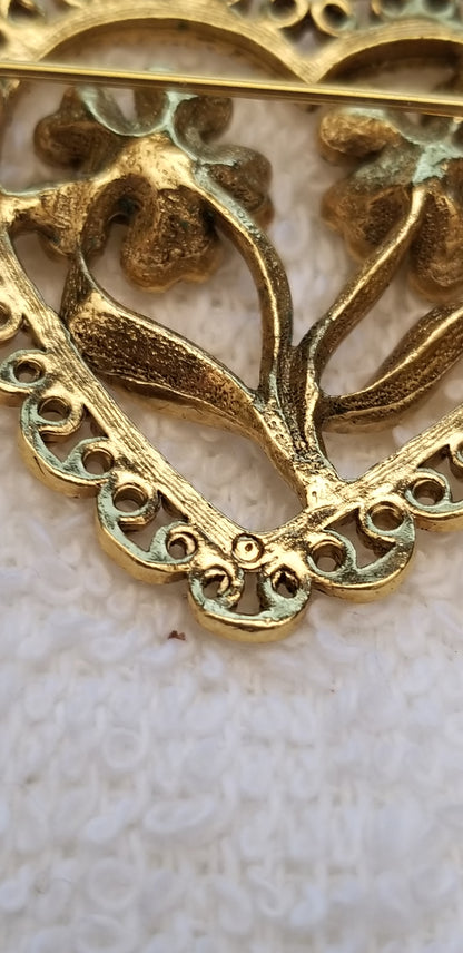 Gold Tone Heart Flower Brooch