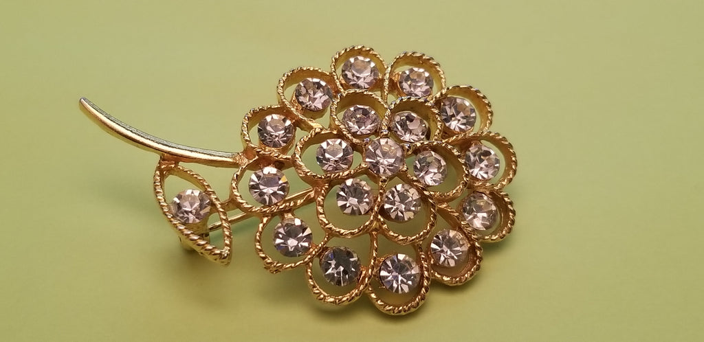 Gold Tone Rhinestone Flower Brooch