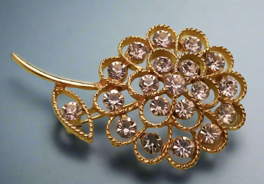 Gold Tone Rhinestone Flower Brooch