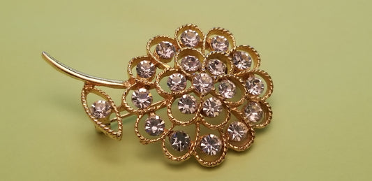 Gold Tone Rhinestone Flower Brooch