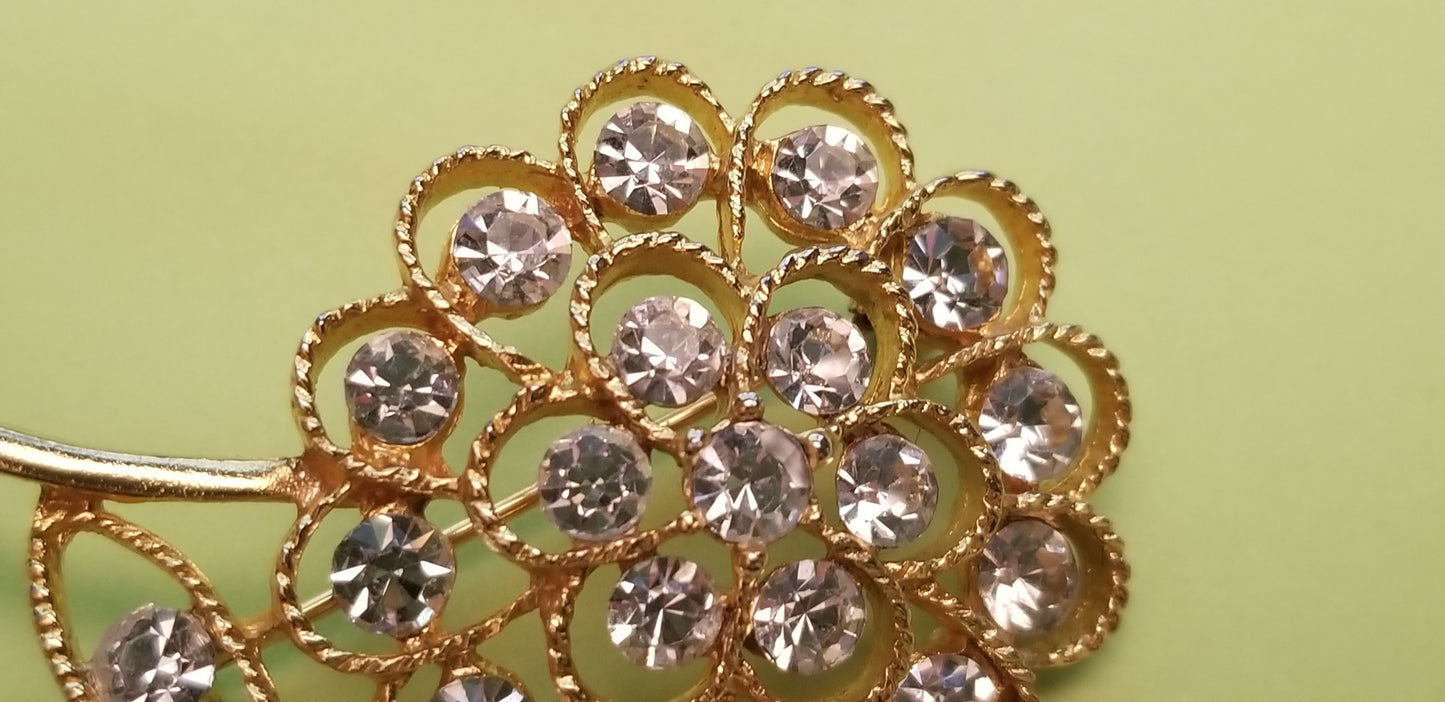 Gold Tone Rhinestone Flower Brooch