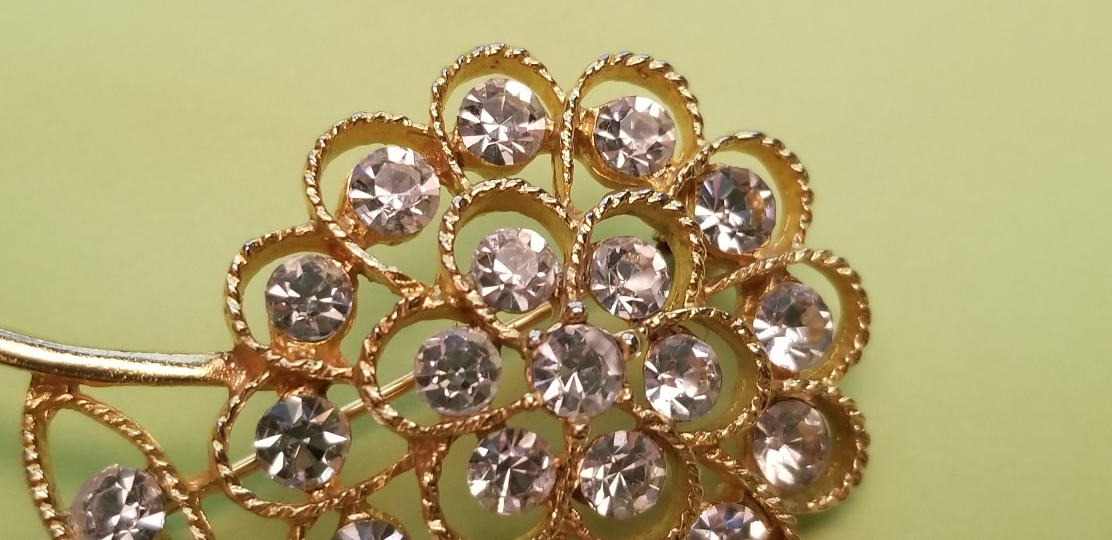 Gold Tone Rhinestone Flower Brooch