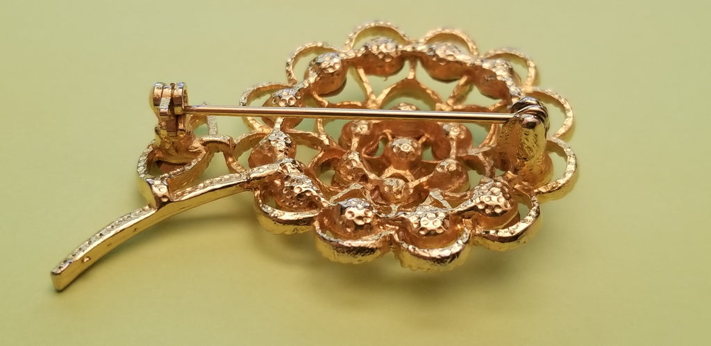 Gold Tone Rhinestone Flower Brooch