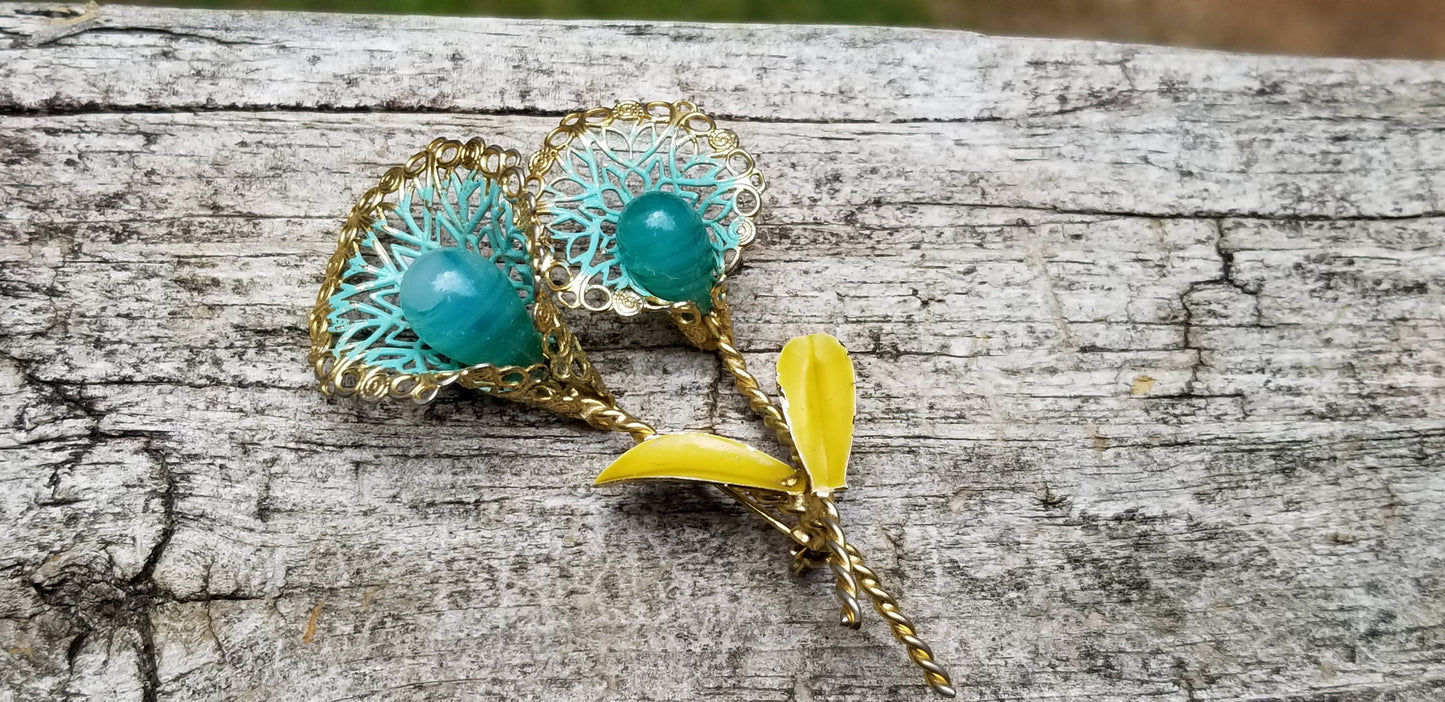 Vintage Glass Filigree Flower Brooch