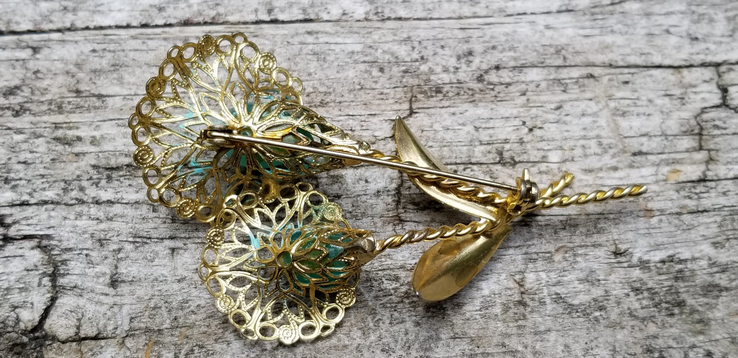 Vintage Glass Filigree Flower Brooch